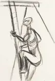 Colin McCahon, Linesman Climbing Power Pole, black crayon on paper (1947)