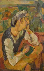 Seated Woman (Edith) with Landscape by Toss Woollaston, oil on board, sold Aug 2023