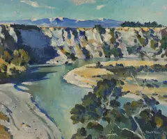 Peter McIntyre, Wanganui River, Looking South from the Artist’s Home at Kakahi, Towards Tongariro National Park, oil on canvasboard