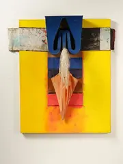 Donald Sinclair Driver, Down the Drain, found objects, acrylic and collage on canvas