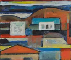 Houses and Hills by Charles Herbert Smales Tole, oil on board, sold May 2023