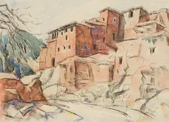 John Weeks, Moroccan Village, watercolour and pastel on paper