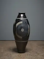 Roy Cowan, Untitled, large stoneware salt glaze vase with incised radiating concentric circle patters, rich cobalt blue glaze