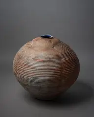 Greg Barron, Large Floor Vase, bulbous form with crackle glaze exterior and concentric banding; deep blue interior glaze