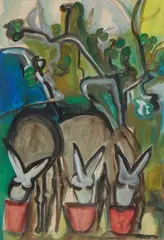 Natalie Findlay, Donkeys, monoprint with oil wash on paper