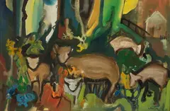 Natalie Findlay, Sheep in the Orchard, oil on board
