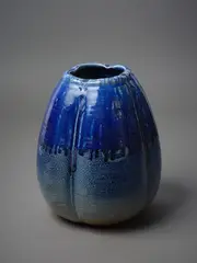 Greg Barron, Altered Vase, large tapered shape in salt glaze with poured iridescent blue glaze