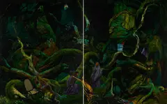 Forest with Chair by Andrew McLeod, oil on canvas, diptych, sold May 2023