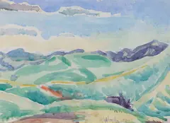 Taranaki Hills by Toss Woollaston, watercolour, sold May 2023