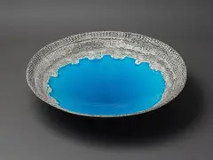 Len Castle, An important and rare ‘Sinter’ crater lake bowl, with alkaline blue glaze and impressed rope pattern decoration to the circumference