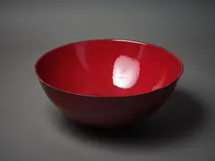 Large hemispherical bowl by Len Castle, with red speckled lava glaze, sold Mar 2023