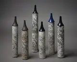 Margaret Milne, Six ‘Candle’ vases, each with deep blue glazed spire necks