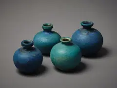 Four small wheel thrown vases by Graeme Storm, in green and blue heavily-textured glaze, sold Mar 2023