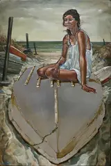 Matt Gauldie, Untitled - Woman on dinghy, oil and metal on canvas