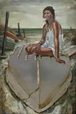Matt Gauldie, Untitled - Woman on dinghy, oil and metal on canvas
