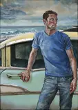Matt Gauldie, Untitled - Man and classic car by ocean, oil and metal on canvas