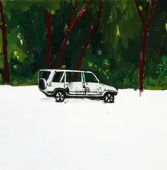 Burnt out car, Titirangi Beach by Richard Lewer, oil and sand on canvas, sold Feb 2023