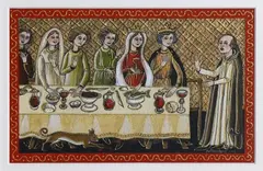 Patricia Payne, Medieval Banquet, oil and gold leaf on paper