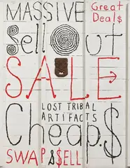 Peter Robinson, Massive Sell Out, acrylic, oilstick and tiki mask on wood