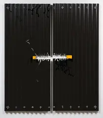 Ralph Hotere, Untitled, lacquer, acrylic and lead head nails on corrugated iron, diptych