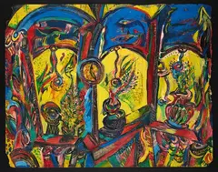 Philip Clairmont, Three Windows, oil on board