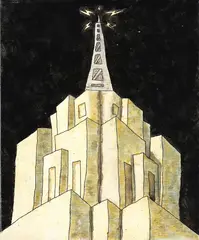 David Cauchi, The Tower, ink, watercolour and oil on linen, 2013
