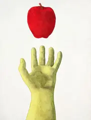 David Cauchi, Still life with apple, ink, watercolour and oil on linen, 2015