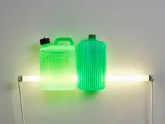 Two Green by Bill Culbert, plastic bottles, fluorescent tube and fitting, sold Aug 2022