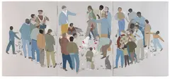 Cock Fight by Kushana Bush, gouache and pencil on paper, triptych, sold Aug 2022