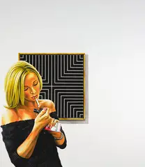 Model Series No. 90 (Girl with Stella) by Ian Scott, acrylic on canvas, sold Aug 2022