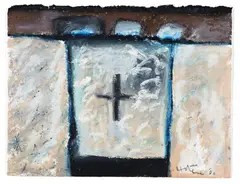 Table by Ralph Hotere, oil on paper, sold Aug 2022