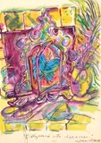 Philip Clairmont, Fireplace with Clock and Vase, mixed media on paper