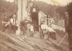 Untitled (Workers and Hut) by Photographer Unknown, albumen print, sold Jun 2022