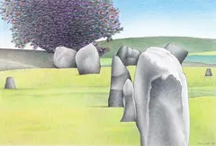 Landscape with Rock Forms by Don Binney, coloured pencil on paper, sold Jun 2022