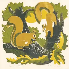 Ernest Mervyn Taylor, Squirrels, colour woodcut, edition of 100