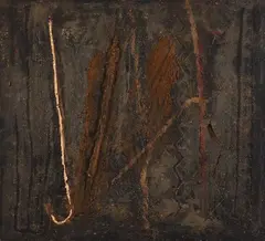 Untitled by Peter Robinson, oil and bitumen on board, sold Jun 2022
