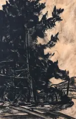 J. S. Parker, Landscape with country road, charcoal on paper