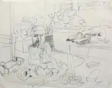 Michael Smither, Thomas with Toys, ballpoint and graphite on paper