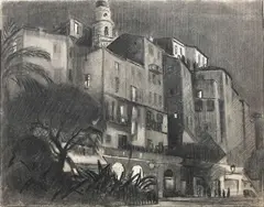 John Weeks, Menton by night, South of France, charcoal on paper