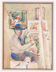 Francis McCracken, The artist at the easel, watercolour