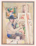 Francis McCracken, The artist at the easel, watercolour