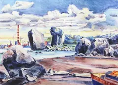 Low Tide - At the Bay 1984 II by Stanley Palmer, monoprint, sold Jun 2022