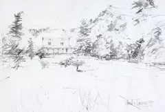 The Homestead by Garth Tapper, graphite on paper, sold Jun 2022