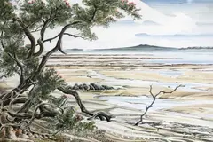 John Crichton, Untitled - Rangitoto, pen and ink