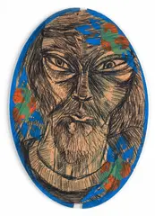 Philip Clairmont, Self Portrait, acrylic and ink on cork, 1976
