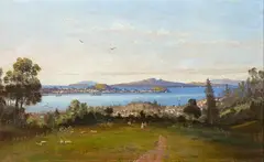 Charles Blomfield, Auckland from the Domain, oil on board
