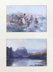 Frank Wright, Maoris at Rotorua Washing together with South Island Lake Scene, watercolour on paper, two panels