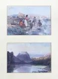 Frank Wright, Maoris at Rotorua Washing together with South Island Lake Scene, watercolour on paper, two panels