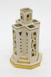 Art Deco vase by La Louviere Keralouve, painted and glazed ceramic shaped as a tall building, sold Jun 2022