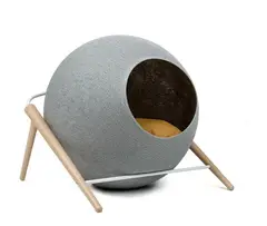 MeYou Paris, The Dark Grey Ball, designer cat bed, made as a soft sphere set on an elegant wood and metal support, with camel coloured cushion; purchased in 2016 but never been used or installed, still in original box